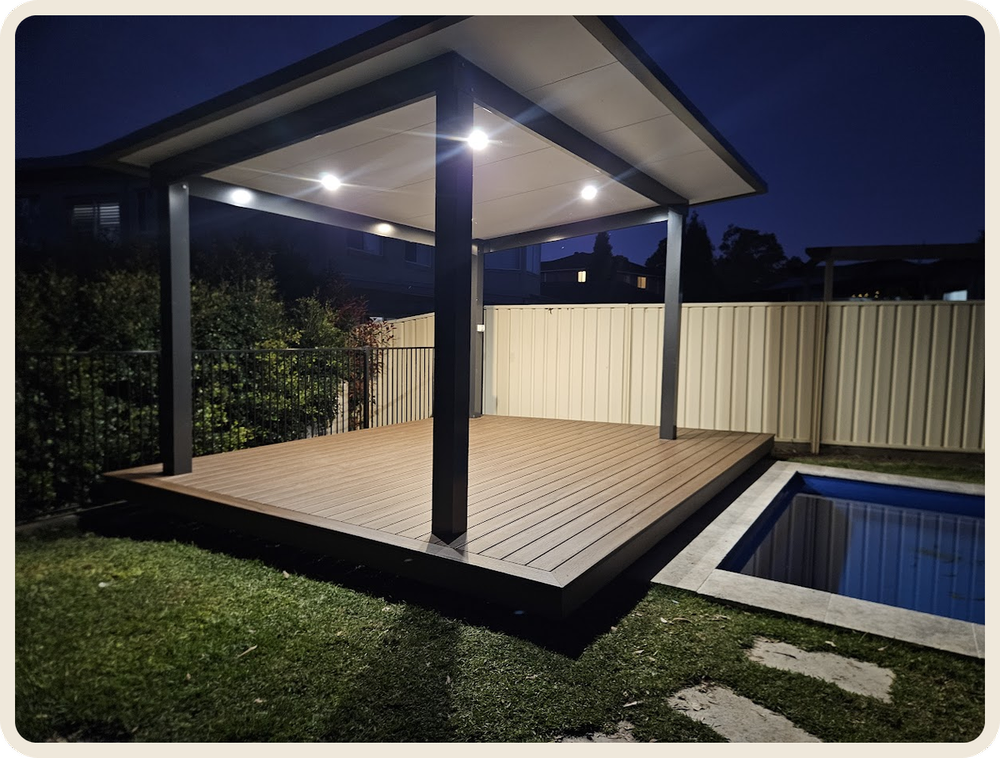Covered timber deck with lighting for evening outdoor living